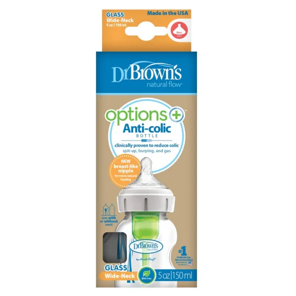 DR-WB51700Options__Glass_Pkg_F_Options_Wide-Neck_GLASS_5oz_150ml_1-pack_L Bliss & Bless-Dr. Brown's Options+ 仿母乳排氣奶樽 - 玻璃 5oz