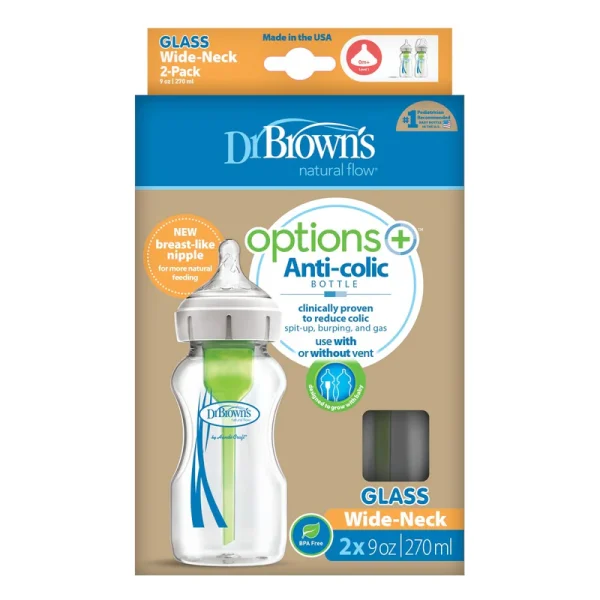 DR-WB92700Options__Pkg_F_Options_Wide-Neck_GLASS_9oz_270ml_2-pack_L Bliss & Bless-Dr. Brown's Options+ 仿母乳排氣奶樽 - 玻璃 9oz 兩個裝