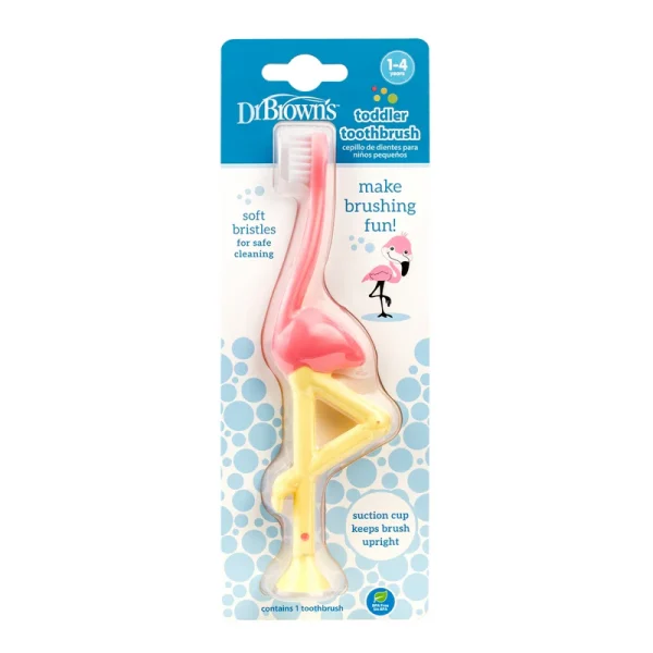 HG058_Pkg_F_Toddler_Toothbrush_Flamingo_L Bliss & Bless-Dr. Brown's 小童軟毛吸盤牙刷 - 小紅鶴